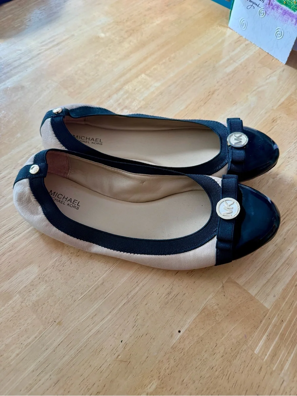 Michael Kors Black and Beige Patent Toe Ballet Flats